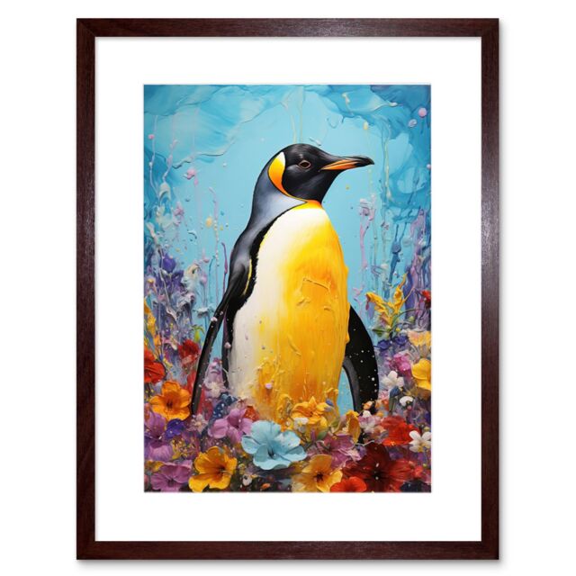 Artery8 Wall Art Print King Penguin in Colourful Floral Flowers Nest Thick Paint Oil Painting Yellow Black Blue Colourful Artwork Framed 9X7 Inch - image 1