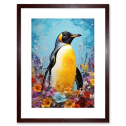 Artery8 Wall Art Print King Penguin in Colourful Floral Flowers Nest Thick Paint Oil Painting Yellow Black Blue Colourful Artwork Framed 9X7 Inch - thumbnail 1