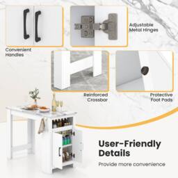 Costway Faux Marble Bar Table Pub Table w/Hooks & Cabinet Kitchen Dining Table in White - thumbnail 9