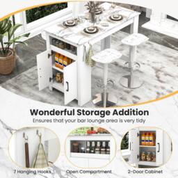 Costway Faux Marble Bar Table Pub Table w/Hooks & Cabinet Kitchen Dining Table in White - thumbnail 7