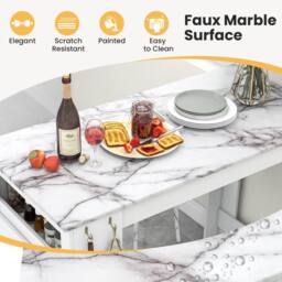 Costway Faux Marble Bar Table Pub Table w/Hooks & Cabinet Kitchen Dining Table in White - thumbnail 6