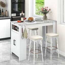 Costway Faux Marble Bar Table Pub Table w/Hooks & Cabinet Kitchen Dining Table in White - thumbnail 3