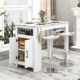 Costway Faux Marble Bar Table Pub Table w/Hooks & Cabinet Kitchen Dining Table in White - thumbnail 4