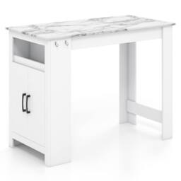 Costway Faux Marble Bar Table Pub Table w/Hooks & Cabinet Kitchen Dining Table in White - thumbnail 2
