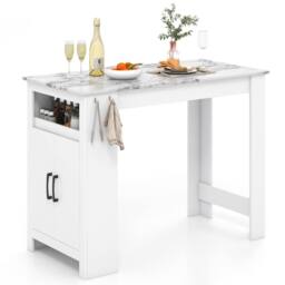 Costway Faux Marble Bar Table Pub Table w/Hooks & Cabinet Kitchen Dining Table in White