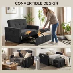 HOMCOM 2 Seater Sofa Bed Convertible Bed Settee with Pillows, Black - thumbnail 4