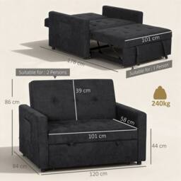 HOMCOM 2 Seater Sofa Bed Convertible Bed Settee with Pillows, Black - thumbnail 3
