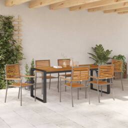 Berkfield Home Modern 7 Piece Garden Dining Set Grey Poly Rattan Acacia - thumbnail 4