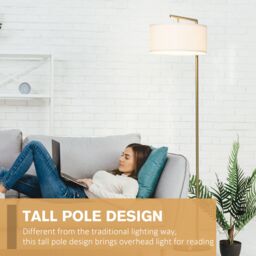 HOMCOM Modern Floor Lamp Tall Pole Light with Linen Shade E27 Holder in White - thumbnail 4