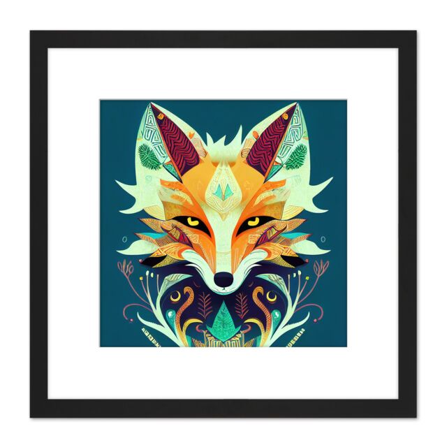 Artery8 Contemporary Folk Style Fox Abstract Face Portrait Illustration Orange Teal Square Wooden Framed Wall Art Print Picture 8X8 Inch in Black - image 1