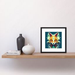Artery8 Contemporary Folk Style Fox Abstract Face Portrait Illustration Orange Teal Square Wooden Framed Wall Art Print Picture 8X8 Inch in Black - thumbnail 2