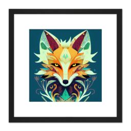 Artery8 Contemporary Folk Style Fox Abstract Face Portrait Illustration Orange Teal Square Wooden Framed Wall Art Print Picture 8X8 Inch in Black - thumbnail 1