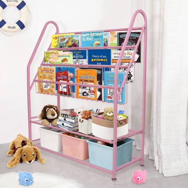 Huhote Wood Bookshelf Toy Storage Organizer Kids Bookcase Book Rack for room in Pink - image 1