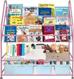 Huhote Wood Bookshelf Toy Storage Organizer Kids Bookcase Book Rack for room in Pink - thumbnail 6