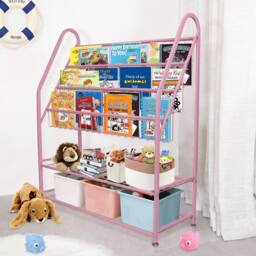 Huhote Wood Bookshelf Toy Storage Organizer Kids Bookcase Book Rack for room in Pink - thumbnail 1