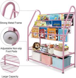 Huhote Wood Bookshelf Toy Storage Organizer Kids Bookcase Book Rack for room in Pink - thumbnail 4