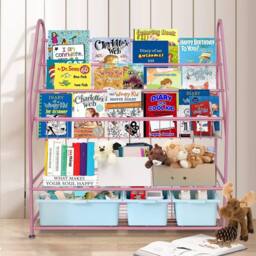 Huhote Wood Bookshelf Toy Storage Organizer Kids Bookcase Book Rack for room in Pink - thumbnail 2