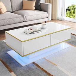 KORVIXA LED Coffee Table w/ Storage Drawers Modern High Gloss in White - Size: 100 cm x 100 cm - thumbnail 5