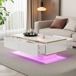 KORVIXA LED Coffee Table w/ Storage Drawers Modern High Gloss in White - Size: 100 cm x 100 cm - thumbnail 3