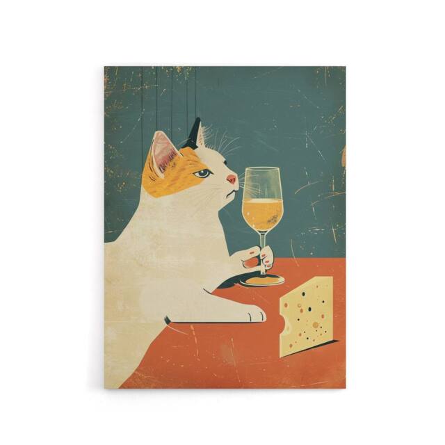 "Artery8 Cat Drinking Wine With Cheese Canvas Wall Art Print in Orange - Size: W18"" x H24""" - image 1