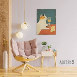 "Artery8 Cat Drinking Wine With Cheese Canvas Wall Art Print in Orange - Size: W18"" x H24""" - thumbnail 3