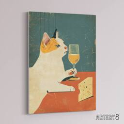 "Artery8 Cat Drinking Wine With Cheese Canvas Wall Art Print in Orange - Size: W18"" x H24""" - thumbnail 2