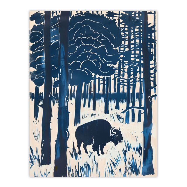 "Artery8 Bison Grazing in Forest Blue Landscape Painting Wall Art Print - Size: W12"" x H16""" - image 1