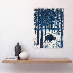 "Artery8 Bison Grazing in Forest Blue Landscape Painting Wall Art Print - Size: W12"" x H16""" - thumbnail 4