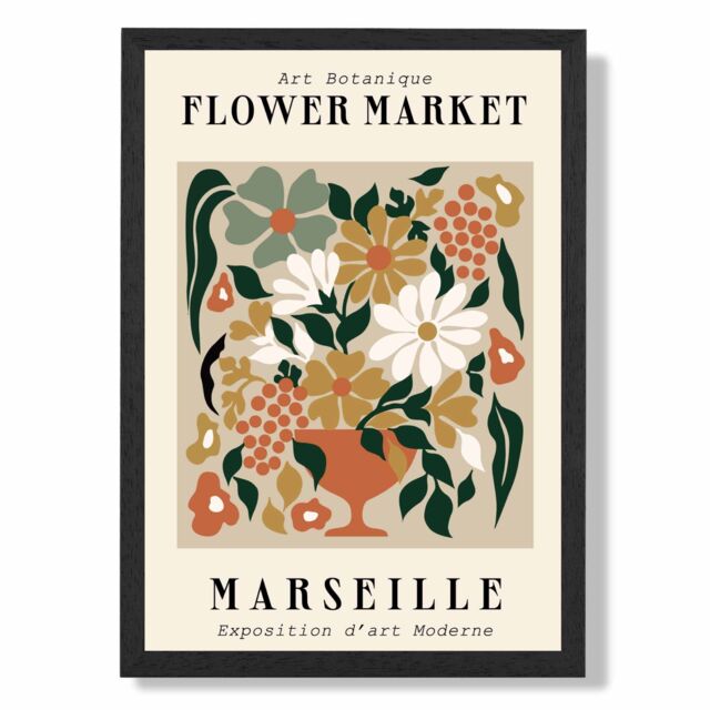 ARTZE Marseille Beige & Green Flower Market Exhibition Framed Print SIZE: A4 with Black Frame - Size: A2 - image 1