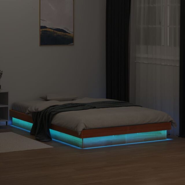 Berkfield Home LED Bed Frame without Mattress Wax Brown 135x190 cm Double Solid Wood - image 1