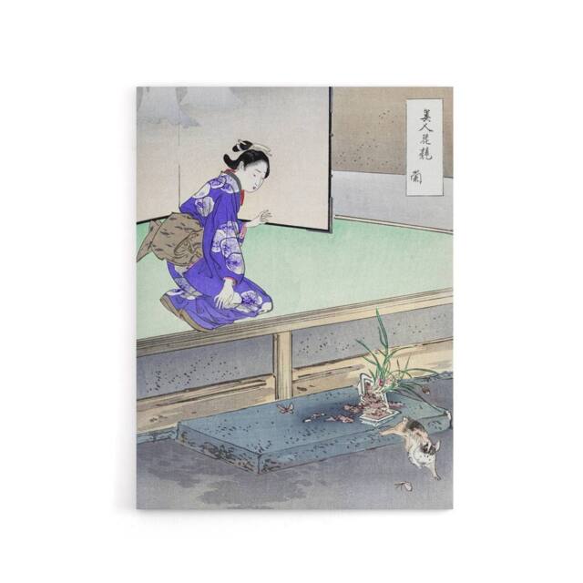 "Artery8 Orchid Broken Plant Pot & Cat Canvas Wall Art Print Ogata Gekko in Purple - Size: W18"" x H24""" - image 1