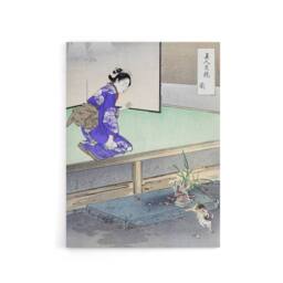 "Artery8 Orchid Broken Plant Pot & Cat Canvas Wall Art Print Ogata Gekko in Purple - Size: W18"" x H24""" - thumbnail 1