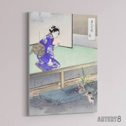 "Artery8 Orchid Broken Plant Pot & Cat Canvas Wall Art Print Ogata Gekko in Purple - Size: W18"" x H24""" - thumbnail 2