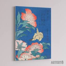 "Artery8 Canary & Peony Flowers Canvas Wall Art Print Katsushika Hokusai in Blue - Size: W18"" x H24""" - thumbnail 2