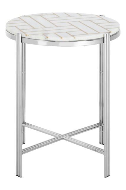 Orsina White Marble Topped Side Table, Round Table, Silver Finished Settee Side Table, Sleek Metallic Accent Table - image 1