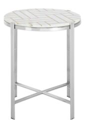 Orsina White Marble Topped Side Table, Round Table, Silver Finished Settee Side Table, Sleek Metallic Accent Table - thumbnail 1