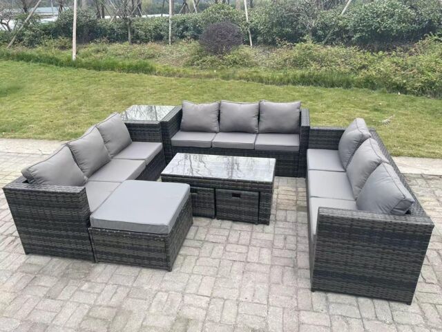 Fimous Rattan Garden Furniture Lounge Sofa Set With Oblong Rectagular Coffee Table Big Footstool in Dark Grey - image 1