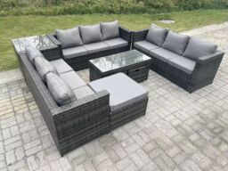 Fimous Rattan Garden Furniture Lounge Sofa Set With Oblong Rectagular Coffee Table Big Footstool in Dark Grey - thumbnail 2