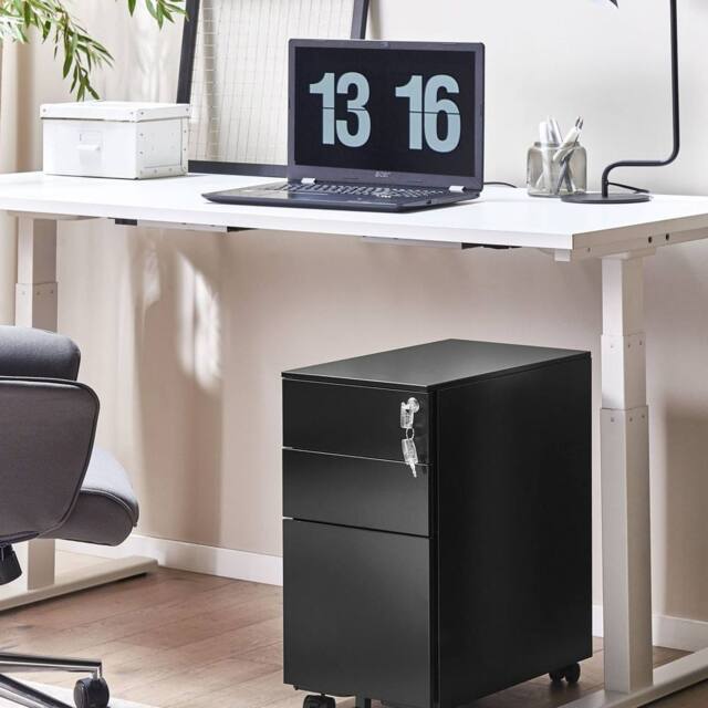 Wyld and Coco Premium Black Metal Storage Cabinet 3-Drawer with Key Lock and Castors - image 1