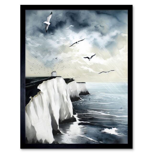 "Artery8 Wall Art Print Seagulls Flying Over the White Cliffs of Dover in England Modern Linocut Art Framed in Blue - Size: W12"" x H16""" - image 1