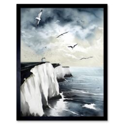"Artery8 Wall Art Print Seagulls Flying Over the White Cliffs of Dover in England Modern Linocut Art Framed in Blue - Size: W12"" x H16""" - thumbnail 1