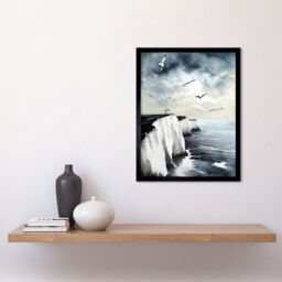 "Artery8 Wall Art Print Seagulls Flying Over the White Cliffs of Dover in England Modern Linocut Art Framed in Blue - Size: W12"" x H16""" - thumbnail 2