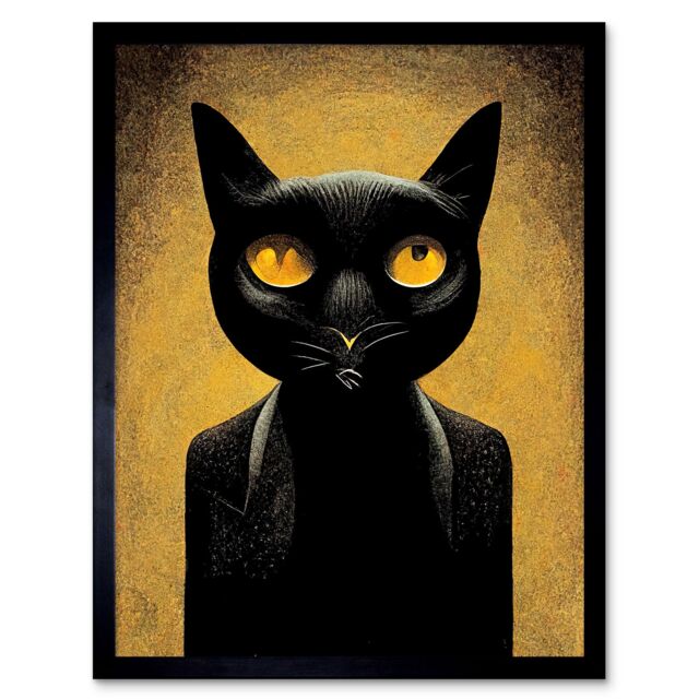 "Artery8 Wall Art Print Black Cat Le Chat Noir Modern Mustard Art Framed - Size: W12"" x H16""" - image 1