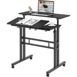 Havendro Height Adjustable Mobile Laptop Desk With Wheels Small Workstation in Black - thumbnail 1
