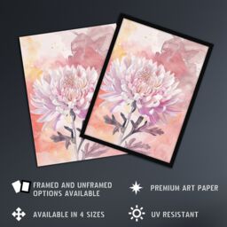 "Artery8 Chrysanthemum Flower Watercolour Pastel Soft Framed Art Print in Pink - Size: W12"" x H16""" - thumbnail 2