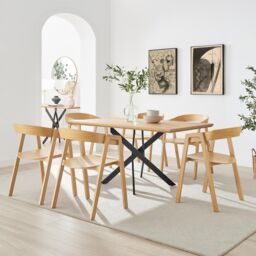 FurnitureboxUK Leonardo Oak Veneer Dining Table & 6 Oak Masa Chairs in Brown - thumbnail 1