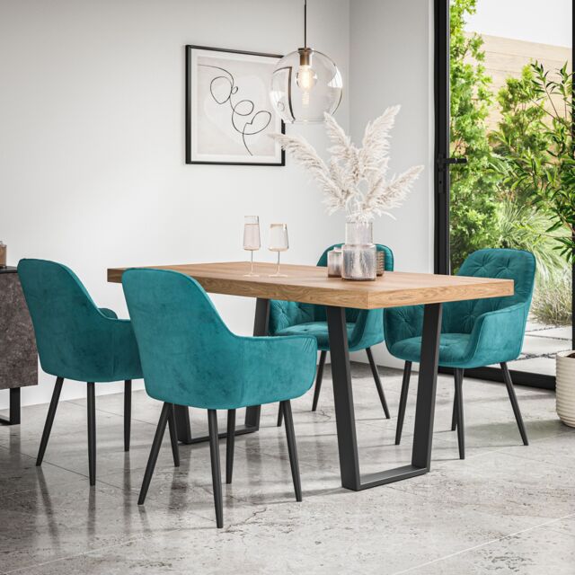 More4Homes Aria Dining Table & Chairs - Oak Effect Table Top w Black Legs + Anika Velvet Dining Chair Set Of 4 in Blue - image 1