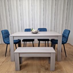 KOSY KOALA Grey Dining Table & 4 Blue Velvet Tufted Chairs with 1 Bench - Size: 140 cm x 80 cm