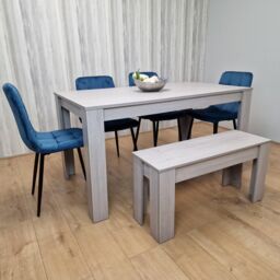 KOSY KOALA Grey Dining Table & 4 Blue Velvet Tufted Chairs with 1 Bench - Size: 140 cm x 80 cm - thumbnail 2