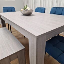 KOSY KOALA Grey Dining Table & 4 Blue Velvet Tufted Chairs with 1 Bench - Size: 140 cm x 80 cm - thumbnail 6